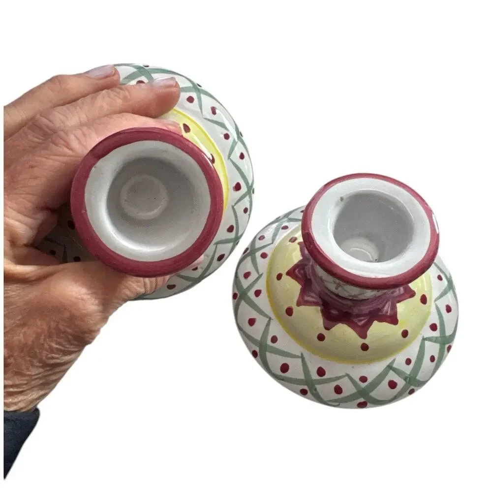 Vintage Set of 2 Boho Colorful Ceramic Candleholders￼